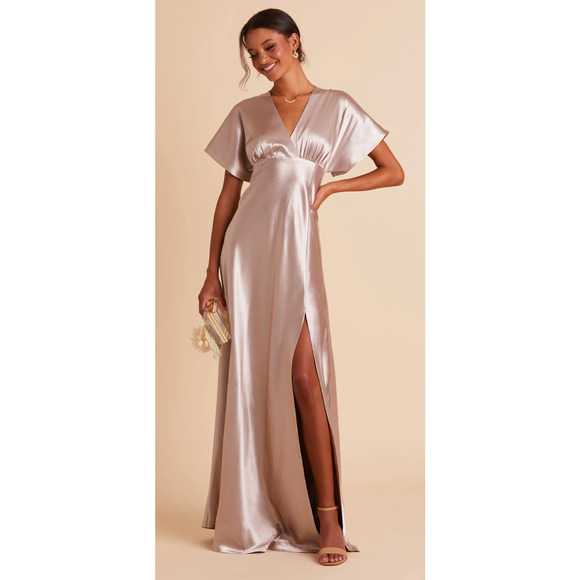 Birdy Grey Jesse Kimono Satin Dress Womens Large Taupe Bridesmaid Flawed New - Picture 1 of 11